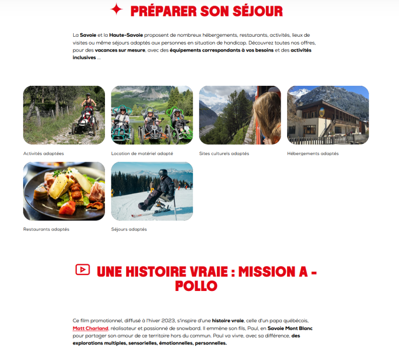 Zoom des informations issues d'Apidae pour l'organisation des séjours accessibles proposés sur le site de l'Agence Savoie Mont Blanc.