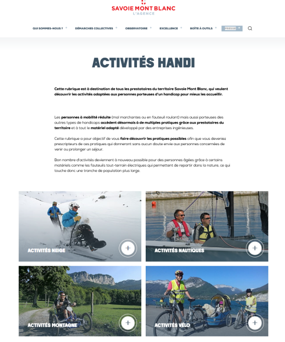 Zoom sur la rubrique activités handi proposées sur le site à destination des professionnels du tourisme de l'Agence Savoie Mont Blanc